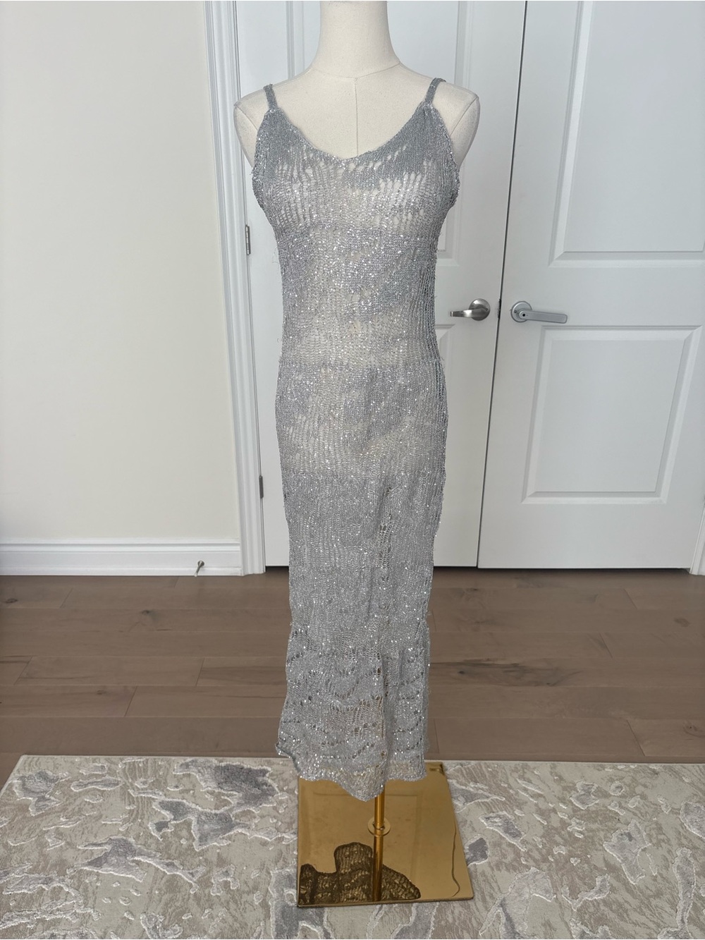 ZARA Silver Sequin Metallic Knit Midi Dress Size S - Picture 4 of 7